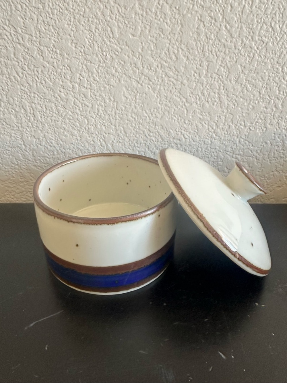 Dansk Ceramic Lidded Jar in White and Blue with Brown Trim - Picture 2 of 4